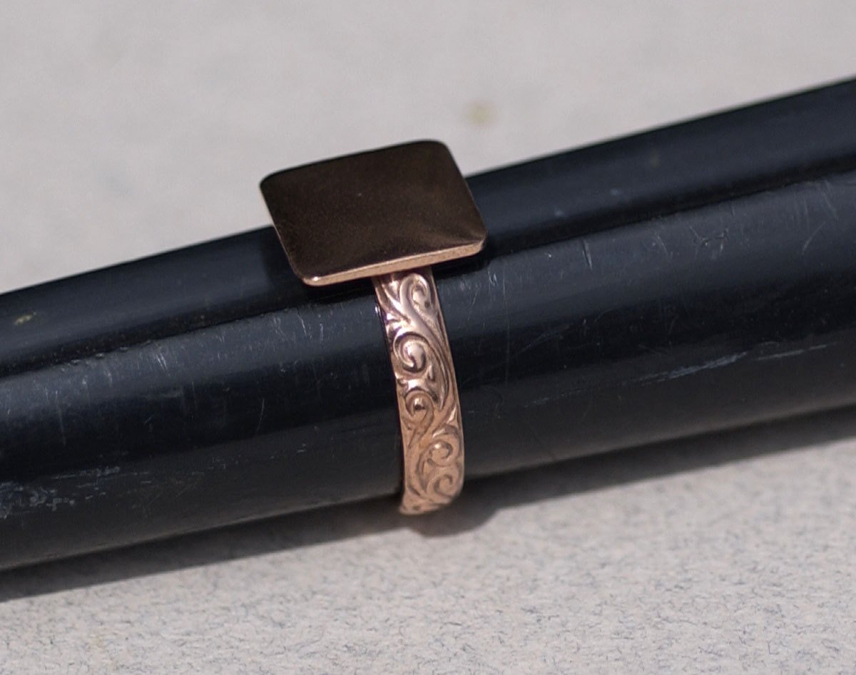Handmade Square glue pad ring with vine pattern in copper