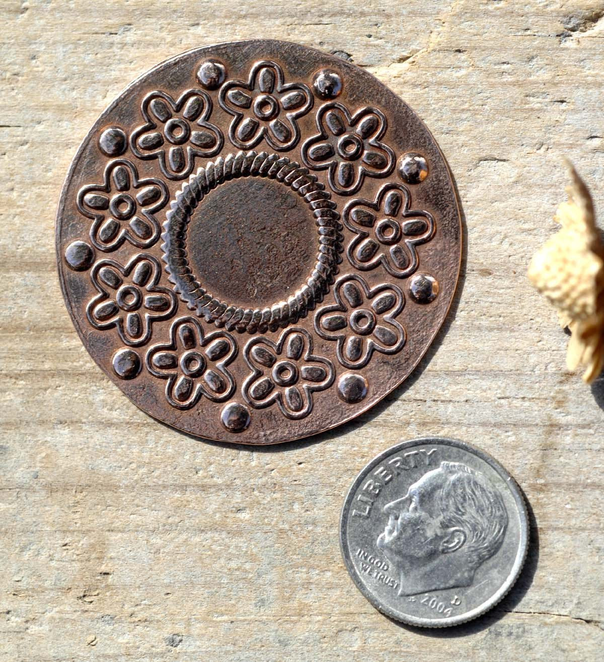Metal Disc in Flowers Texture, Enameling Soldering Stamping Blank, Jewelry Supplies - 4 Pieces