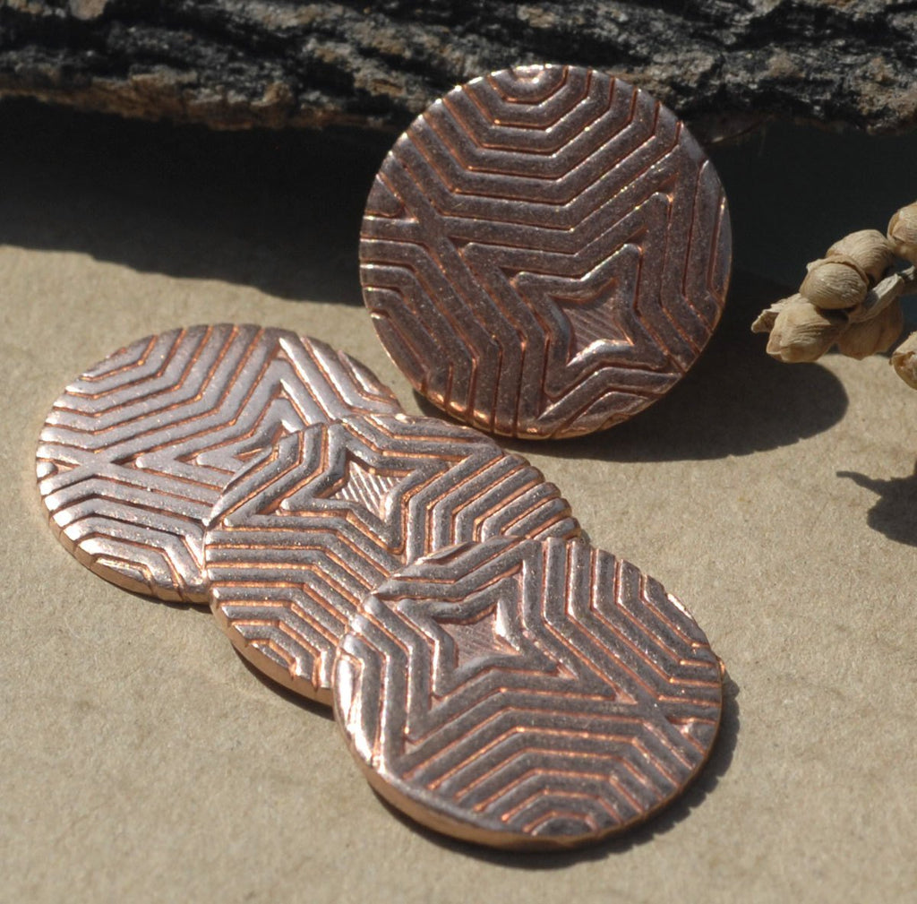 Copper, Brass or Bronze Blank Disc 15mm with Pattern 20g Enameling Blanks Handmade - Variety of Metals - 4 pieces