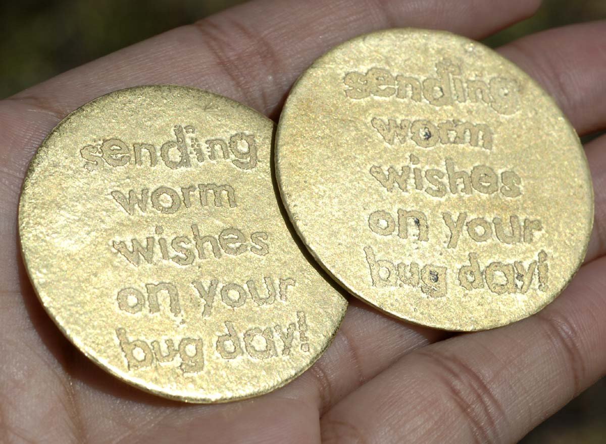 Sending Worm Wishes on your Birthday Disc Acid Etched Pair 45mm Brass
