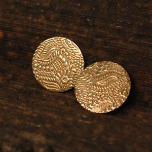 Solid bronze round disc shape w/ batik flower and leaf texture metal blanks