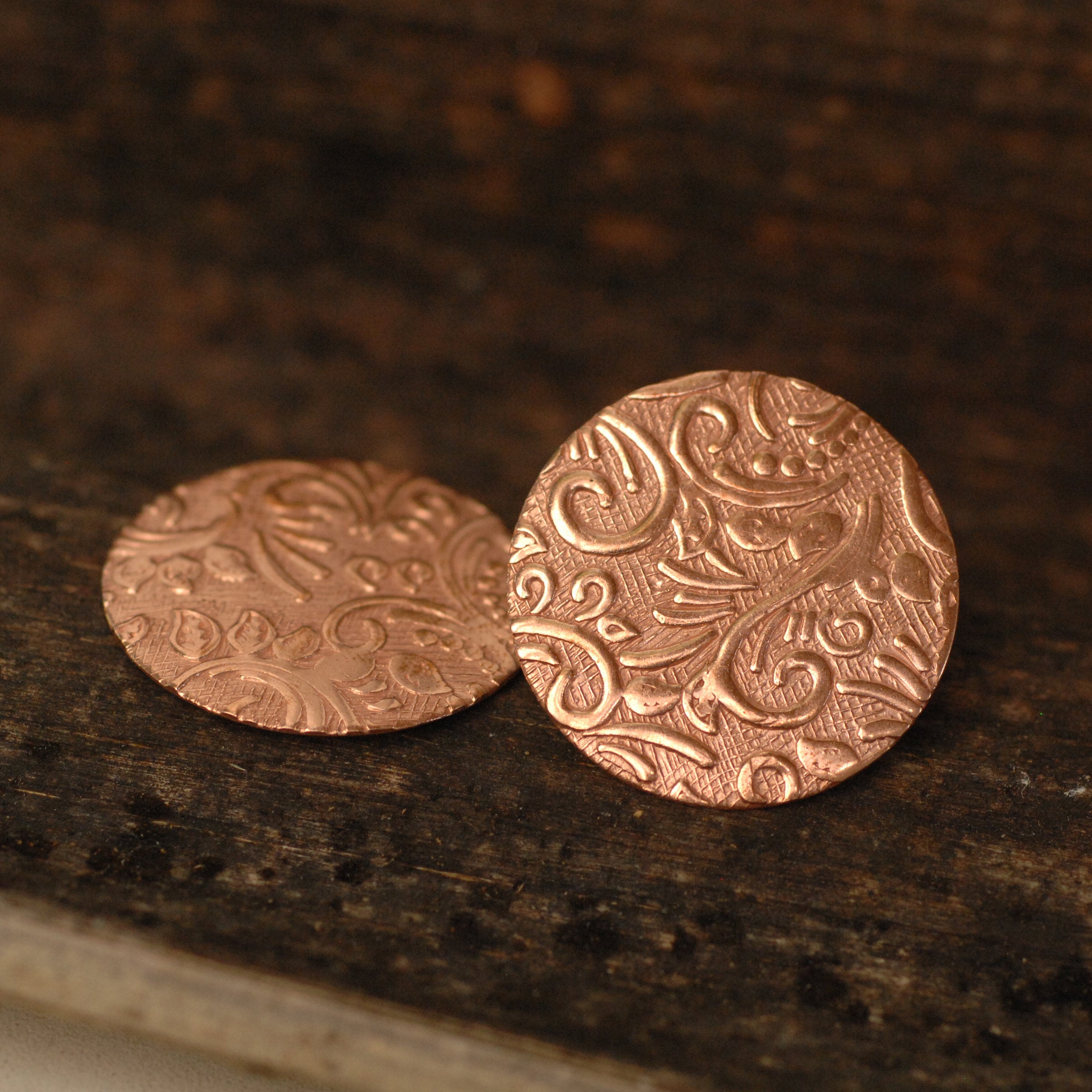 Solid copper round disc shape w/ batik vines texture metal blanks ...