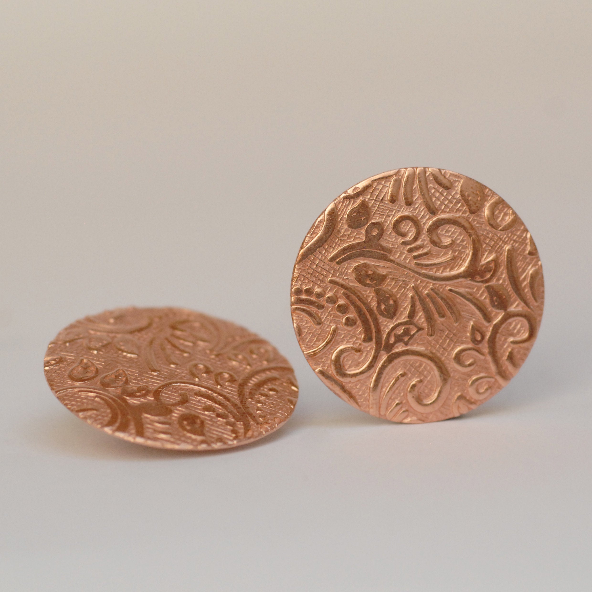 Solid copper round disc shape w/ batik vines texture metal blanks ...