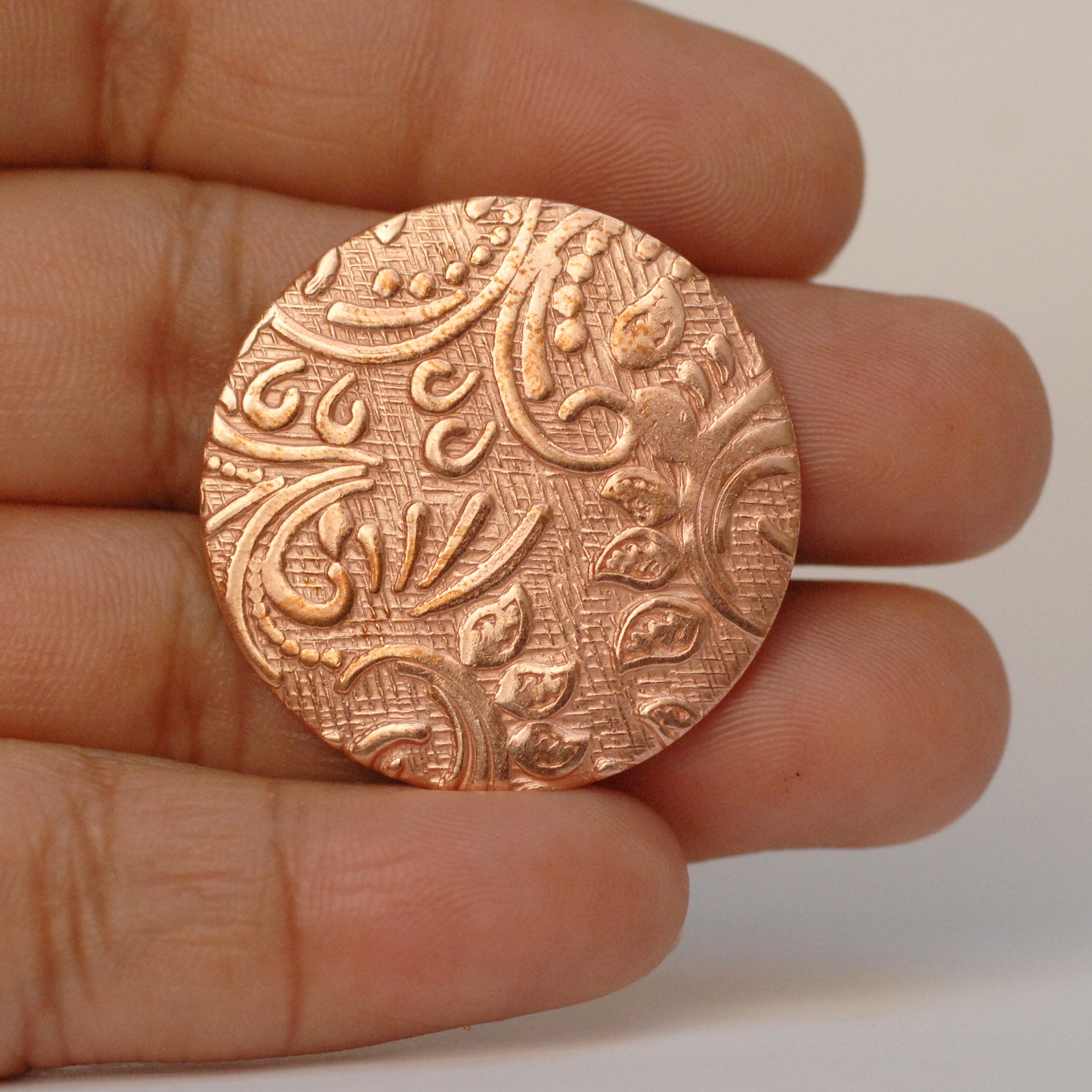 Solid copper round disc shape w/ batik vines texture metal blanks ...