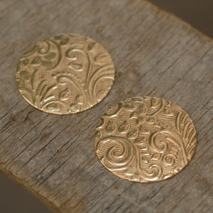 Solid bronze round disc shape w/ batik vine texture metal blanks for earrings or for pendants
