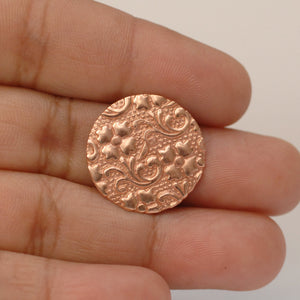 Solid copper round disc shape w/ batik floral flower texture metal blanks for earrings or for pendants