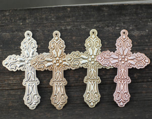 Cross pendant blank w/ floral texture Antique design, copper, brass, bronze, nickel silver 22g 20g with hole
