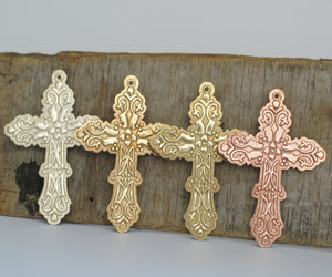 Cross pendant blank w/ floral texture Antique design, copper, brass, bronze, nickel silver 22g 20g with hole