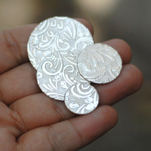 Batik vines texture Sterling Silver Discs for making jewelry 26g 24g 22g 10mm 15mm 20mm 25mm 30mm 35mm 40mm