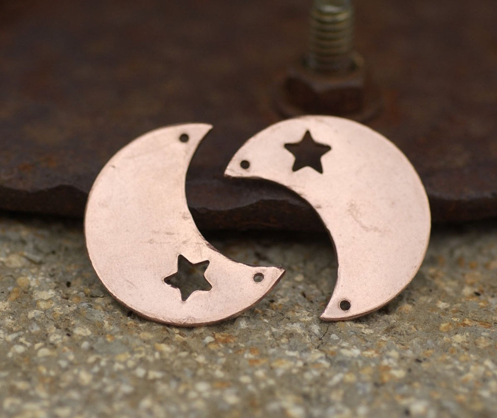 Copper, Brass, Bronze or Nickel Silver Moon with Star with holes - Blanks Cutout for Enameling Stamping Texturing 3/4 inch (DCH) - 4 pieces