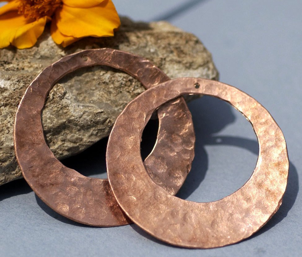 Handmade Copper Hammered Blanks, Round Hoops with Hole 40mm 26G for Earrings or Pendant Offset Circle - 2 Pieces