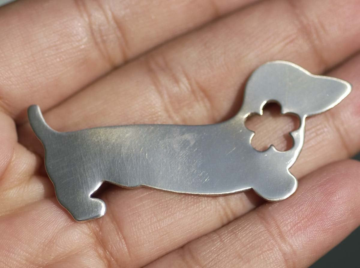 Nickel Blank Dachshund Doxie Dog with Flower Blanks for Stamping Texturing Metalworking - 4 pieces