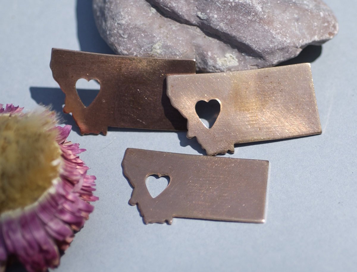 Copper Montana State with Heart Blanks Cutout for Enameling Metalworking Stamping Texturing Copper Blank, Metalworking Supplies - 4 pieces