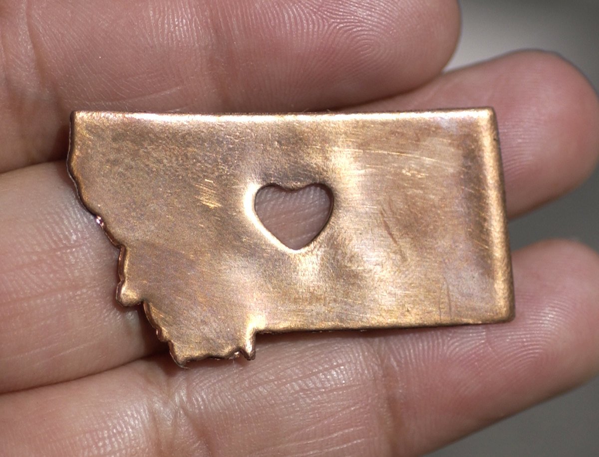 Copper or Bronze or Brass Montana State with Heart Chubby Blanks Cutout for Metalworking Stamping Texturing Blank - 4 pieces