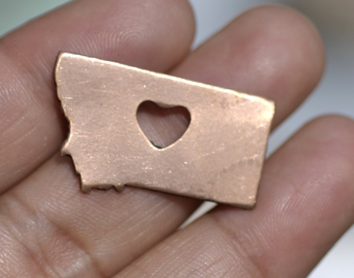 Bronze, Copper, Brass or Nickel Silver Montana State Small with Heart Chubby Cutout for Metalworking Stamping Texturing Blank - 6 pieces