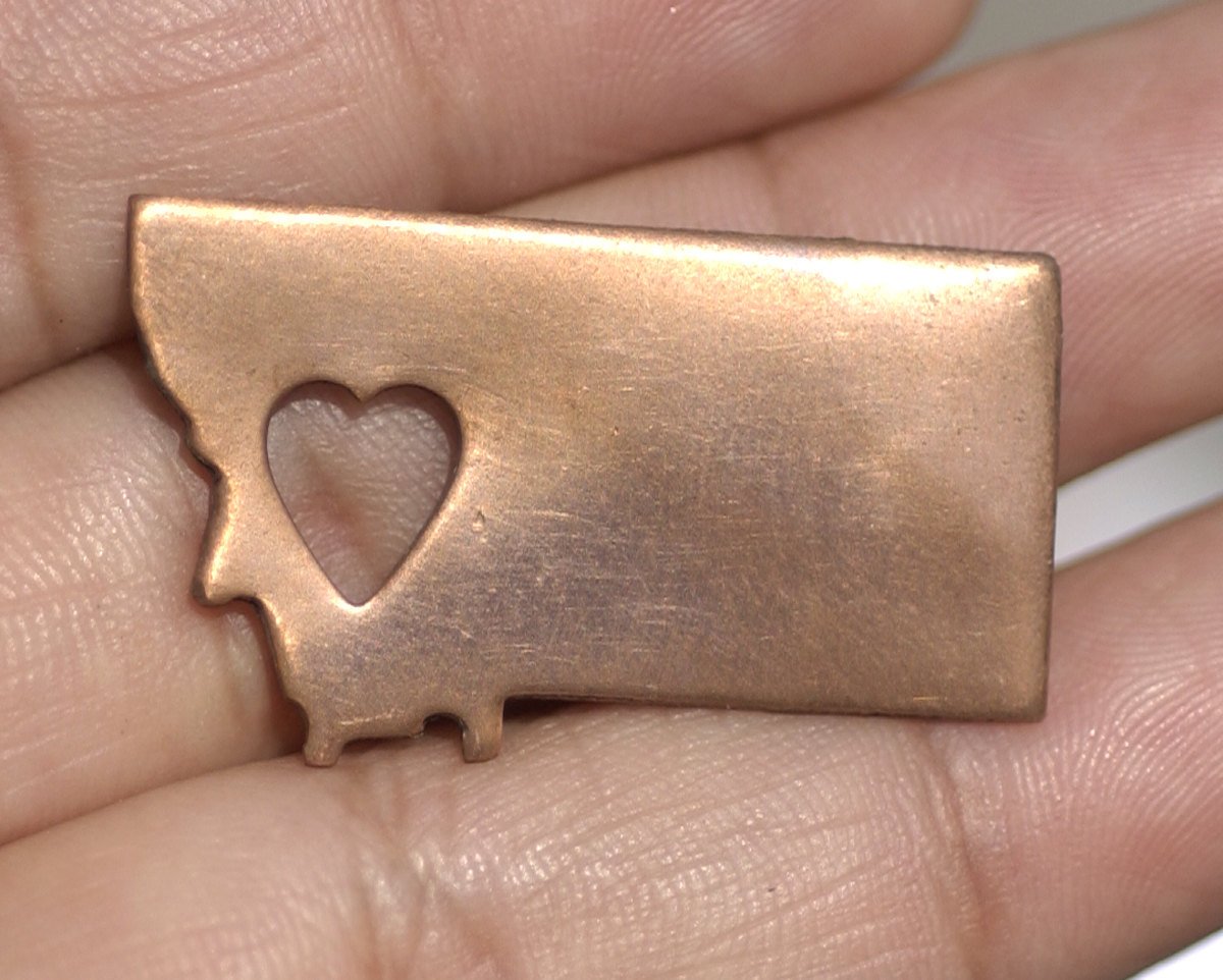 Copper or Brass or Bronze Montana State Medium with Heart Blanks Cutout for Enameling Metalworking Stamping Texturing Blank