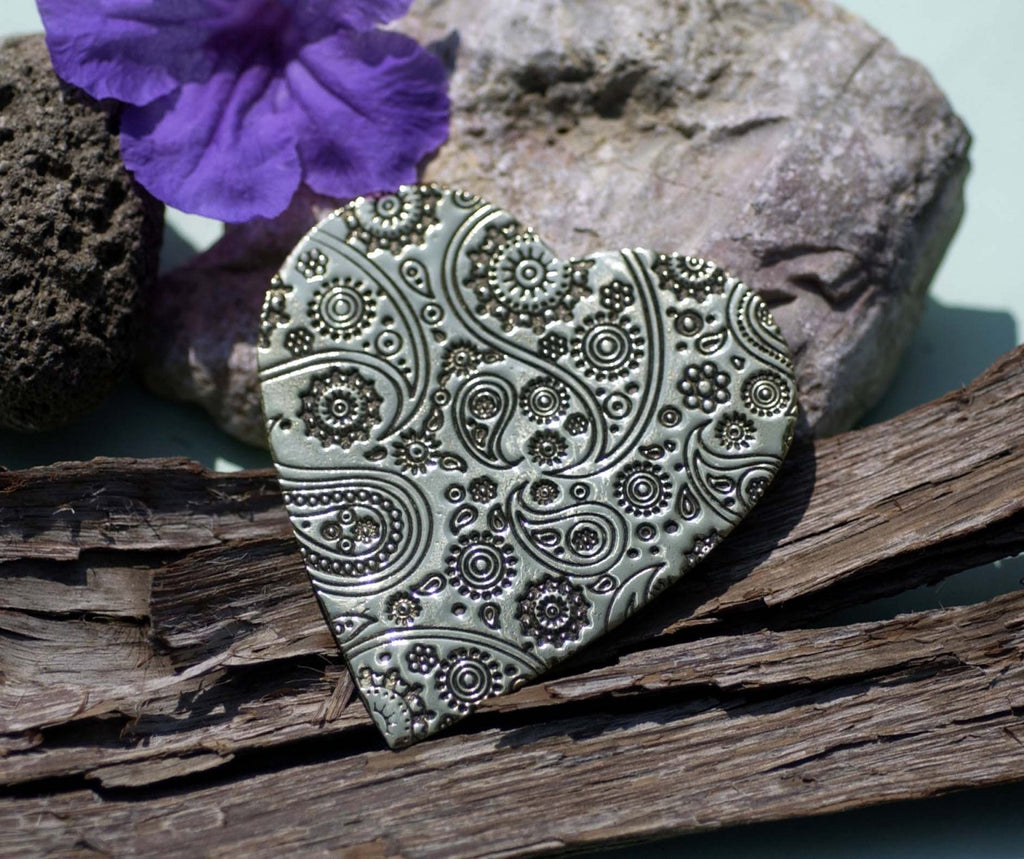 Heart With Paisley Texture Blank Cutout for Metalworking Stamping Texturing Jewelry Making Blanks - 2 pieces