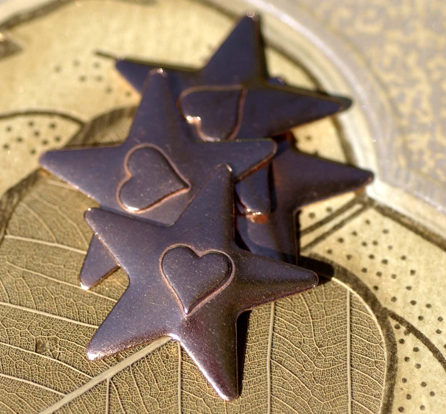 Five Points Star with Embossed Heart Blank Cutout for Enameling Stamping Texturing Metalworking Jewelry Making Blanks - 4 pieces