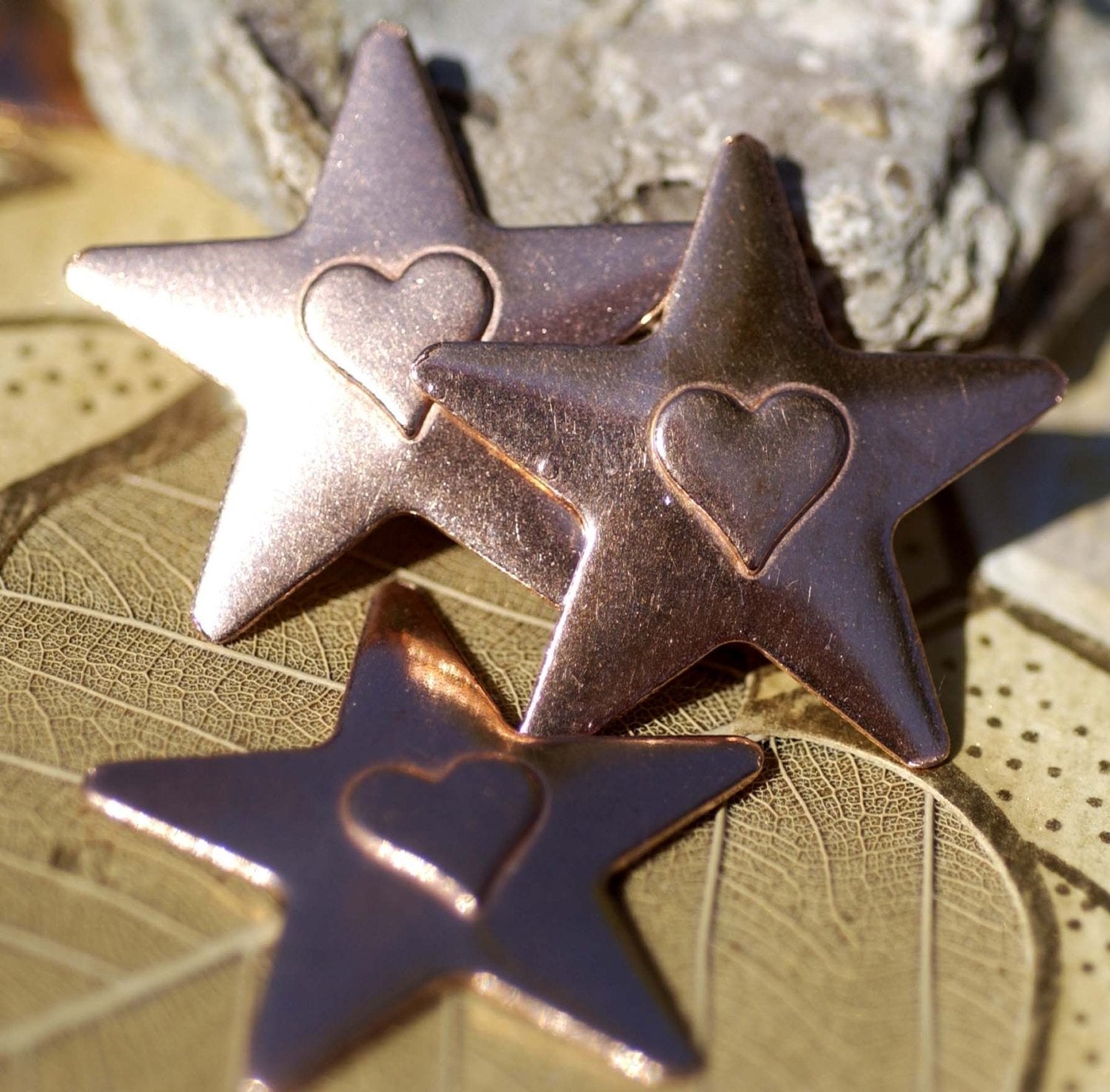 Five Points Star with Embossed Heart Blank Cutout for Enameling Stamping Texturing Metalworking Jewelry Making Blanks - 4 pieces